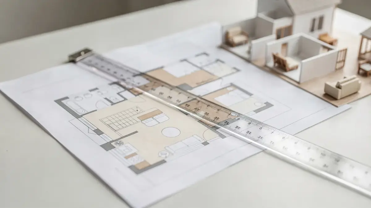 Grundriss einer Wohnung mit Maßband und Modellhaus zum Thema Immobilienwert
