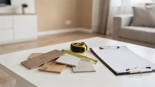 Sanierte Wohnräume mit Messband und Mustern zum Thema Baujahr und Sanierungsstand bei Immobilien