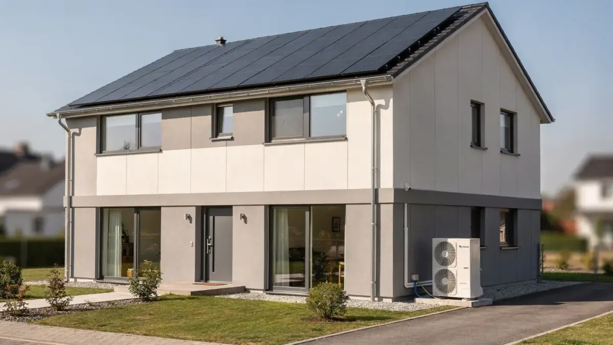 Modernes Wohnhaus mit Solaranlage und Wärmepumpe als Beispiel für Energieeffizienz und Immobilienwert