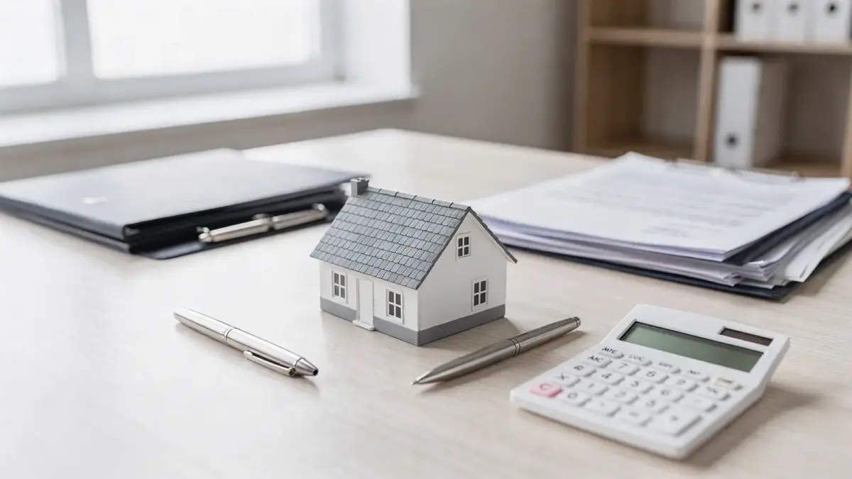 Notarkosten beim Immobilienkauf: Unterlagen, Taschenrechner und Hausmodell im Notarbüro