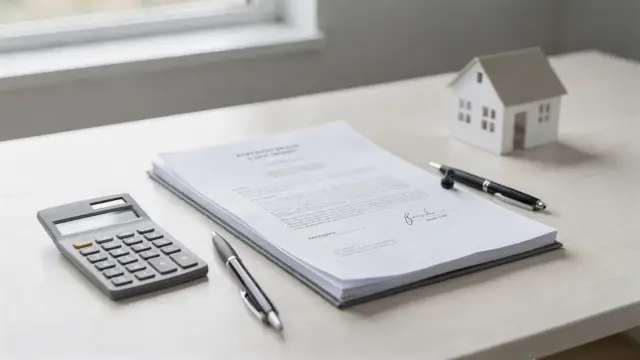 Grundbuchkosten beim Immobilienkauf: Unterlagen, Taschenrechner und Hausmodell auf einem Schreibtisch