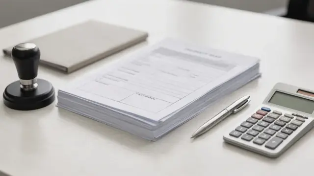 Notar- und Grundbuchkosten: Notarieller Schreibtisch mit Unterlagen, Stempel, Taschenrechner und Grundbuchdokumenten