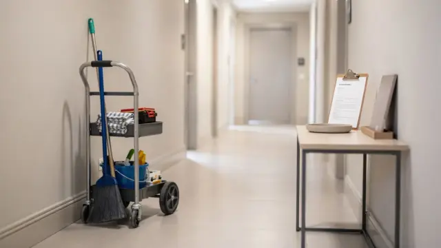 Hausmeisterkosten umlagefähig: Treppenhaus eines Wohnhauses mit Reinigungswagen und Wartungsutensilien