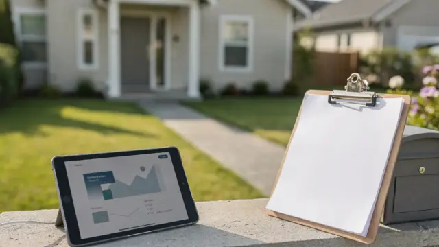 Haus mit Unterlagen und Tablet zur Immobilienbewertung vor dem Verkauf