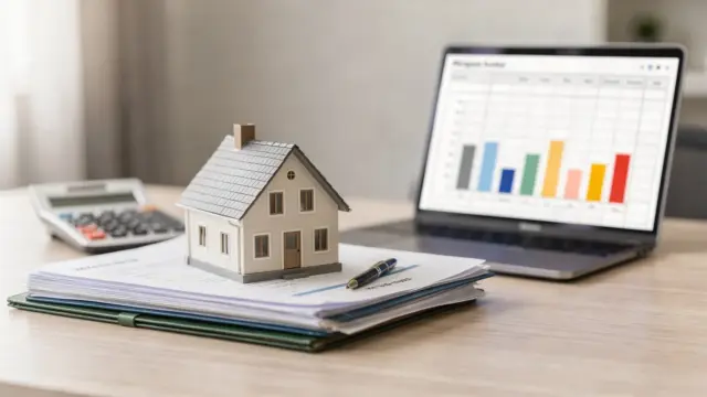 Hausmodell, Taschenrechner und Unterlagen zum Thema Reserve beim Immobilienkauf